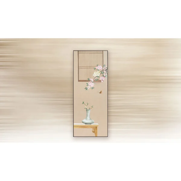 Tall Blossom Vase Still Life Painting in sand — in a room setting