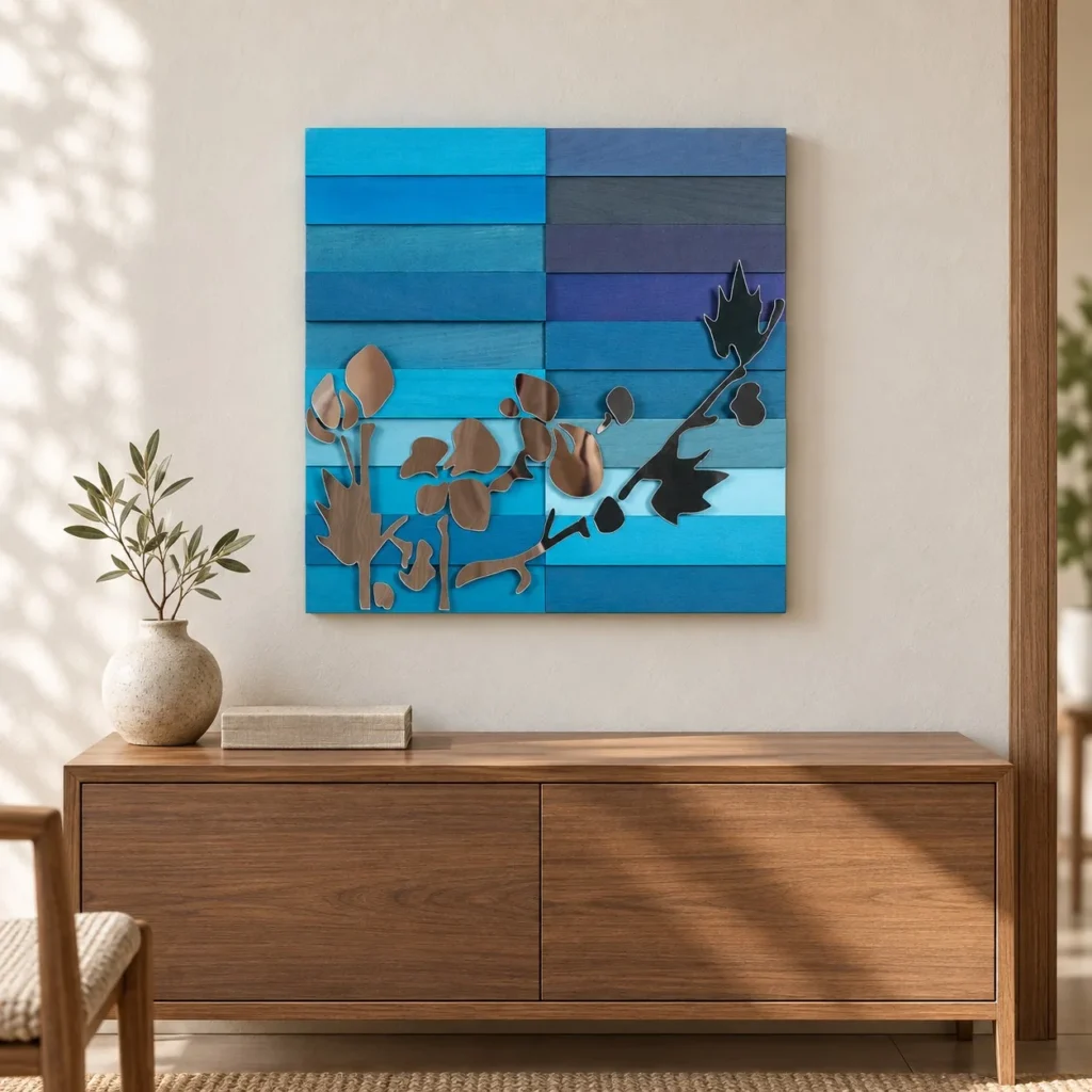 Blue Plank Panel with Copper Branch, 40 x 40 cm in blue — front view