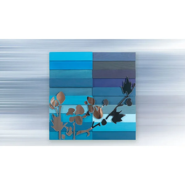Blue Plank Panel with Copper Branch, 40 x 40 cm in blue — in a room setting