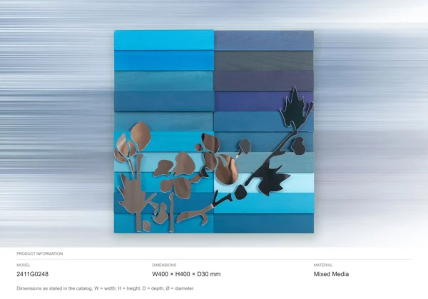 Blue Plank Panel with Copper Branch, 40 x 40 cm in blue — dimensions