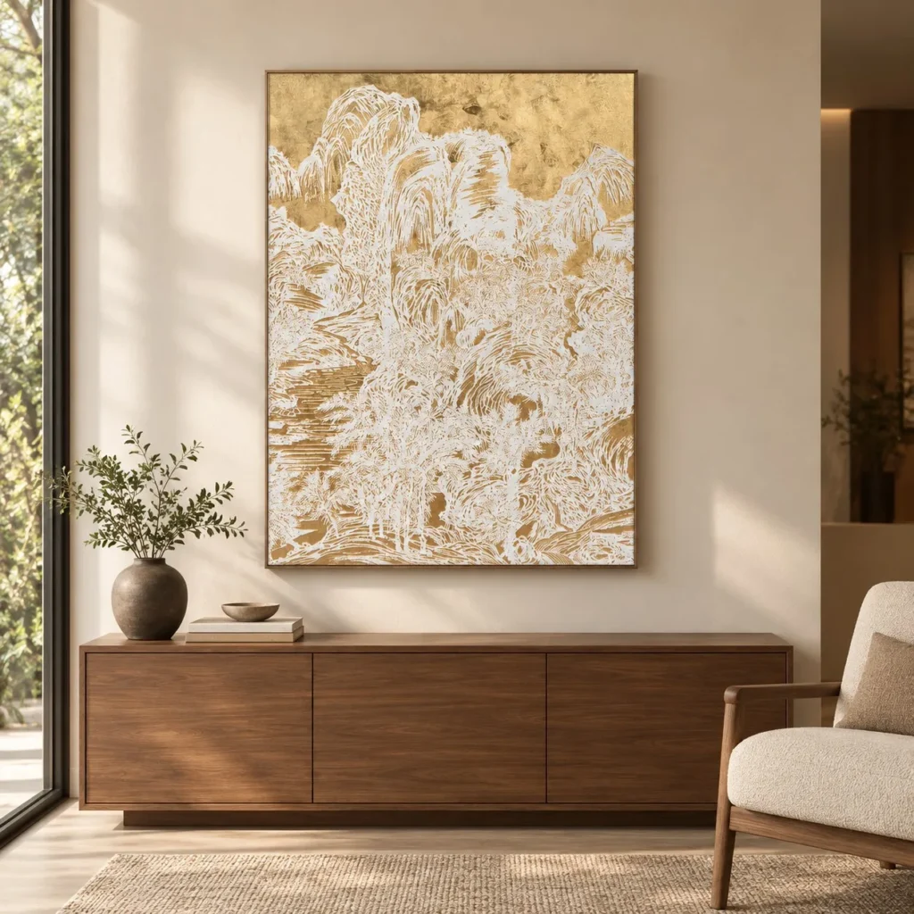 Gold Leaf Mountain Scroll Painting in brushed brass — front view