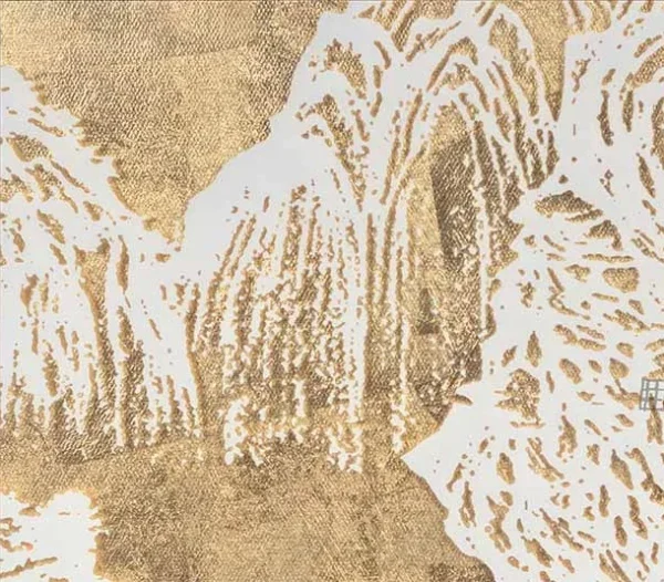 Gold Leaf Mountain Scroll Painting in brushed brass — detail