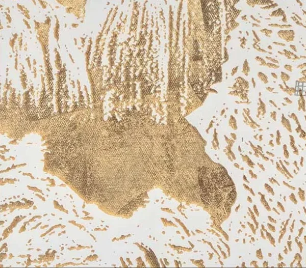 Gold Leaf Mountain Scroll Painting in brushed brass — detail