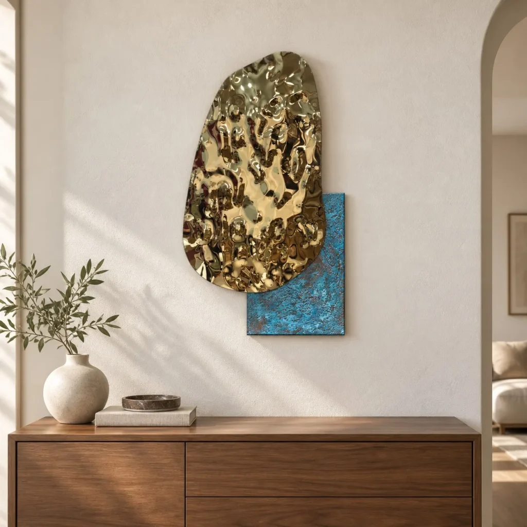 Gold Pebble Relief with Teal Base, 40 x 70 cm in brushed brass — front view