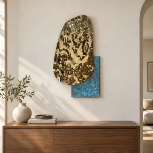 Gold Pebble Relief with Teal Base, 40 x 70 cm in brushed brass — front view