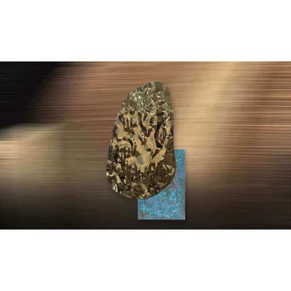 Gold Pebble Relief with Teal Base, 40 x 70 cm in brushed brass — in a room setting