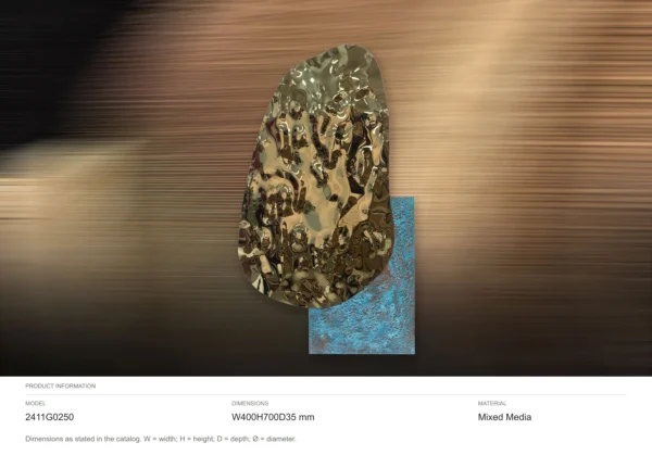 Gold Pebble Relief with Teal Base, 40 x 70 cm in brushed brass — dimensions