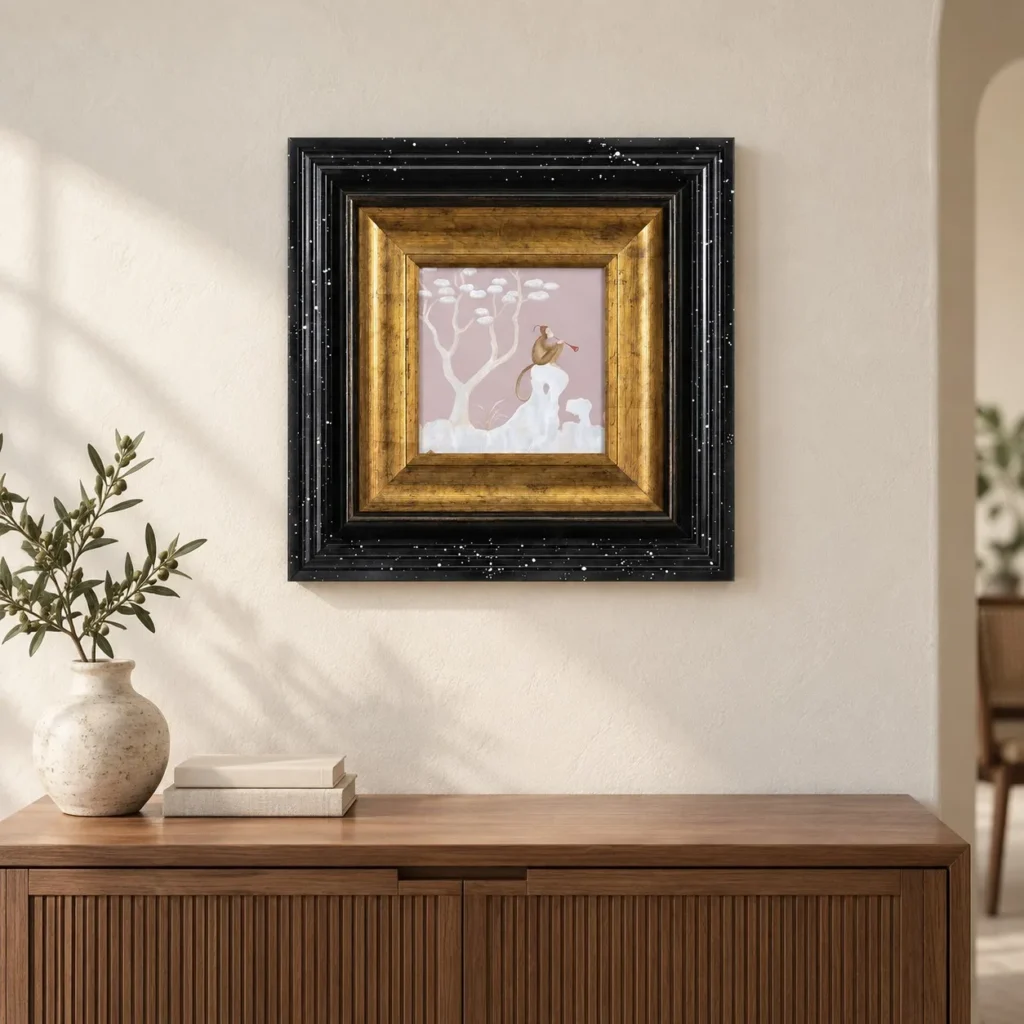 Small Pink Landscape in Gold and Black Frame, 45 x 45 cm — front view