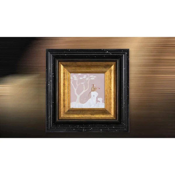 Small Pink Landscape in Gold and Black Frame, 45 x 45 cm — in a room setting
