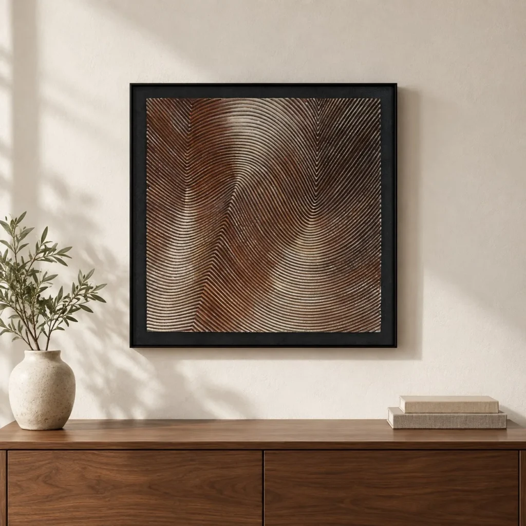 Copper Wave Line Relief in Black Frame, 60 x 60 cm — front view