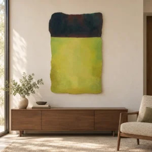Chartreuse and Ink Colour Field on Torn Panel, 80 x 120 cm in olive — front view