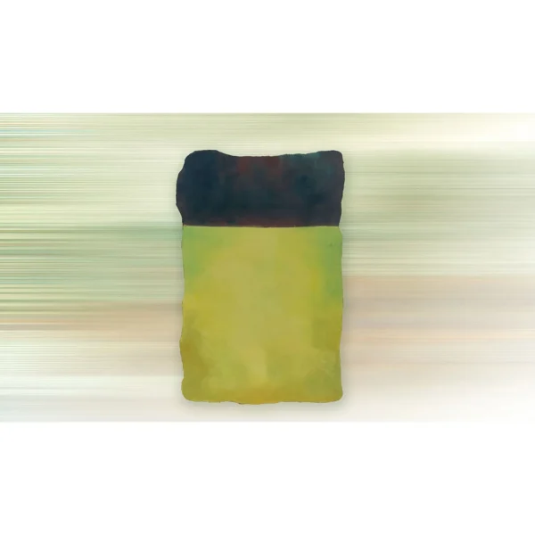 Chartreuse and Ink Colour Field on Torn Panel, 80 x 120 cm in olive — in a room setting