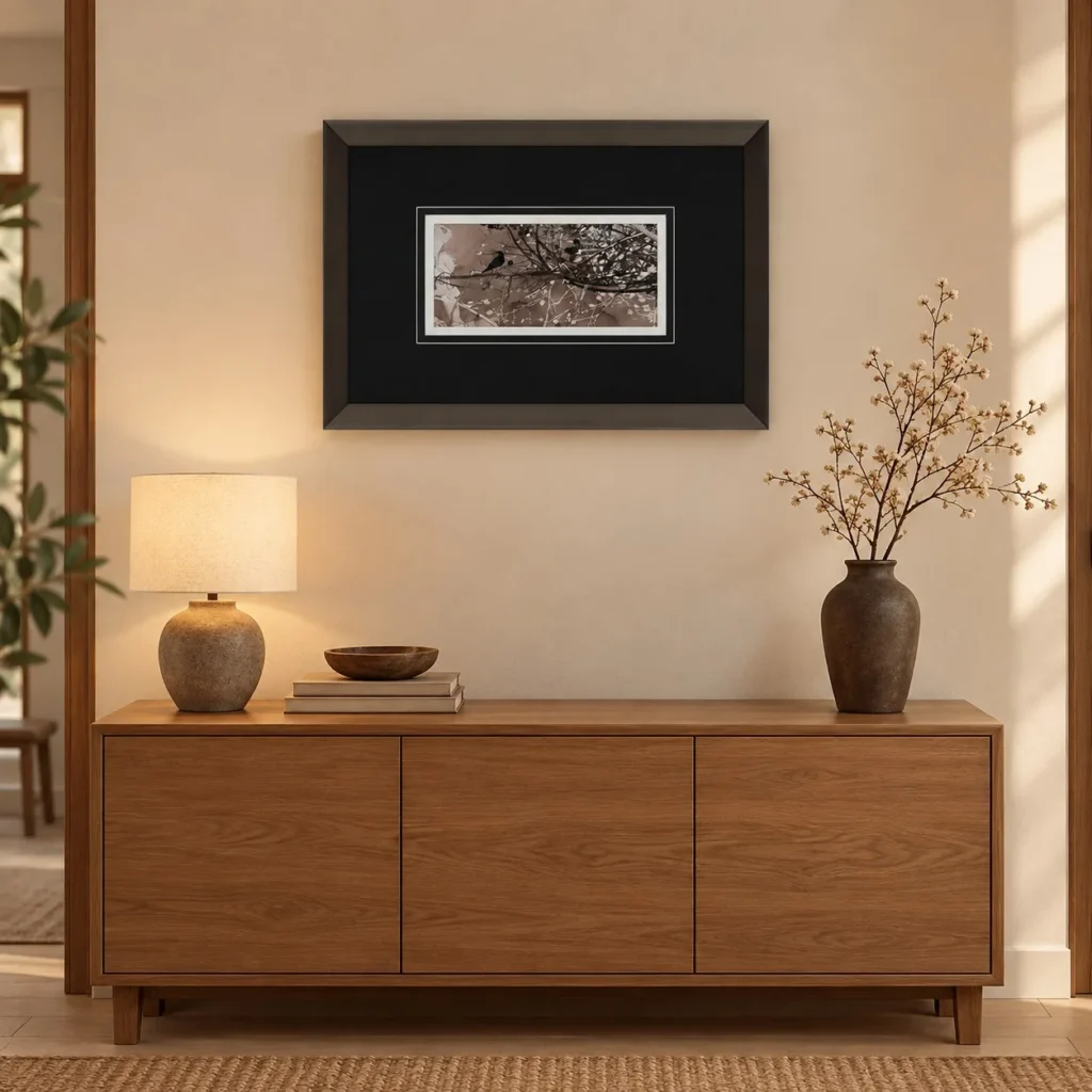 Small Bird on Branch Ink Art in Black Frame, 55 x 40 cm — front view