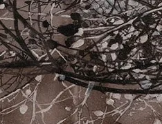 Small Bird on Branch Ink Art in Black Frame, 55 x 40 cm — detail