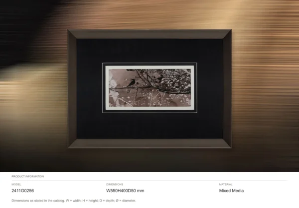 Small Bird on Branch Ink Art in Black Frame, 55 x 40 cm — dimensions