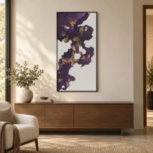 Purple and Gold Ink Bloom Painting in plum — front view