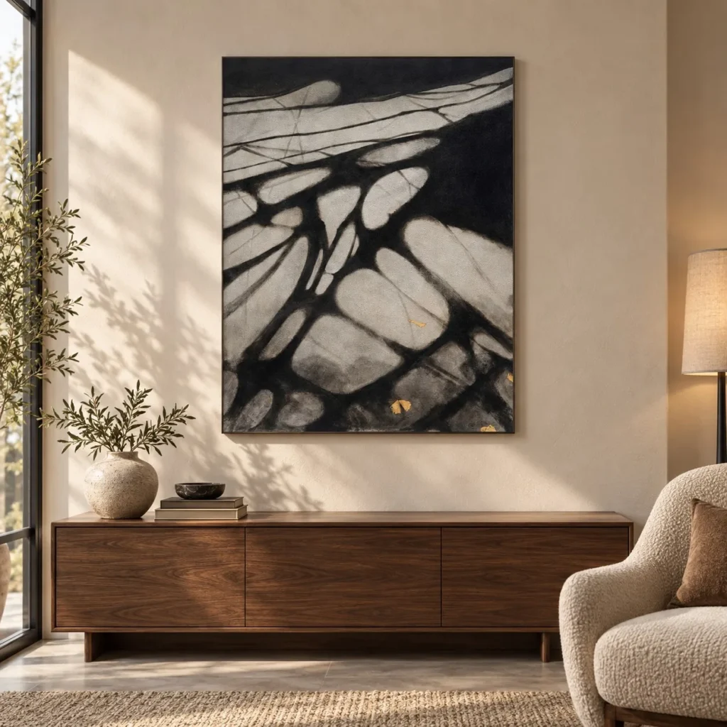 Black Web on Cream Abstract Painting, 80 x 100 cm in black — front view