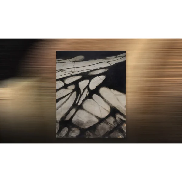 Black Web on Cream Abstract Painting, 80 x 100 cm in black — in a room setting