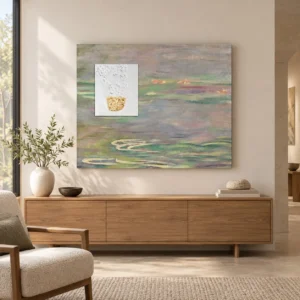 Lily Pond Impressionist Painting in olive — front view