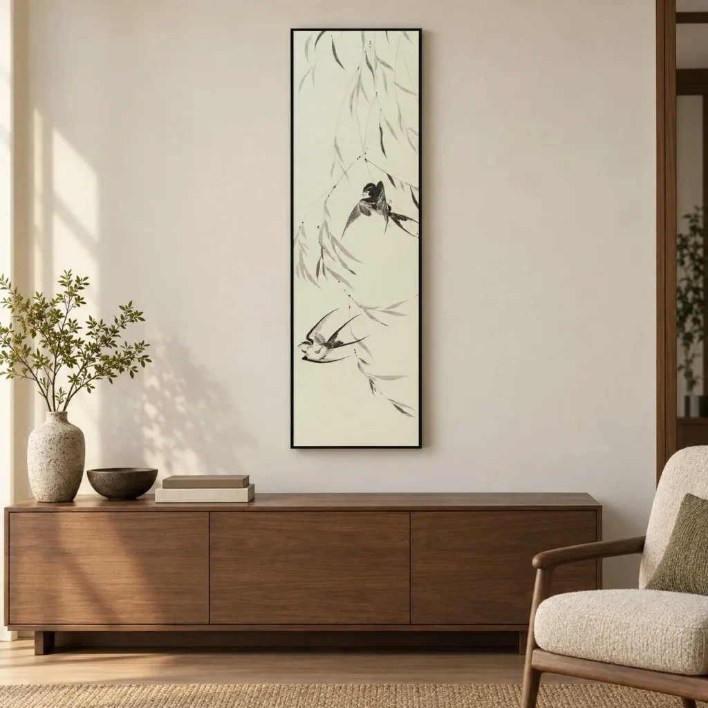 Tall Swallow and Willow Ink Painting in oatmeal — front view