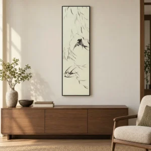 Tall Swallow and Willow Ink Painting in oatmeal — front view