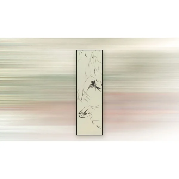 Tall Swallow and Willow Ink Painting in oatmeal — in a room setting