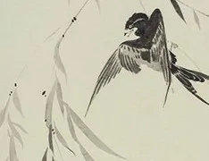 Tall Swallow and Willow Ink Painting in oatmeal — detail