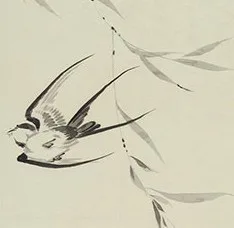 Tall Swallow and Willow Ink Painting in oatmeal — detail