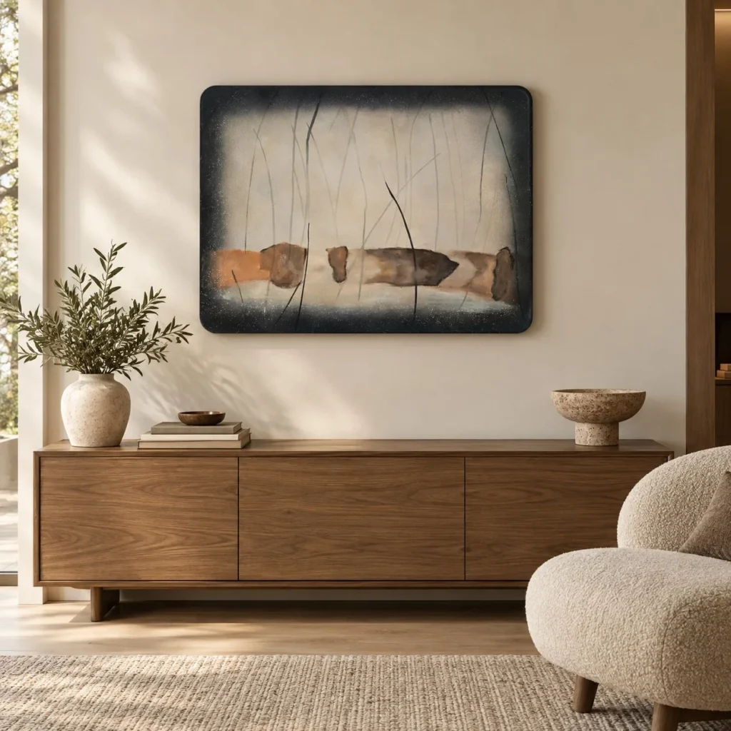 Rounded Navy Panel with Rust Landscape, 80 x 60 cm in blue — front view