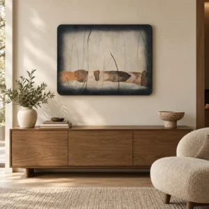 Rounded Navy Panel with Rust Landscape, 80 x 60 cm in blue — front view