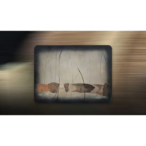Rounded Navy Panel with Rust Landscape, 80 x 60 cm in blue — in a room setting