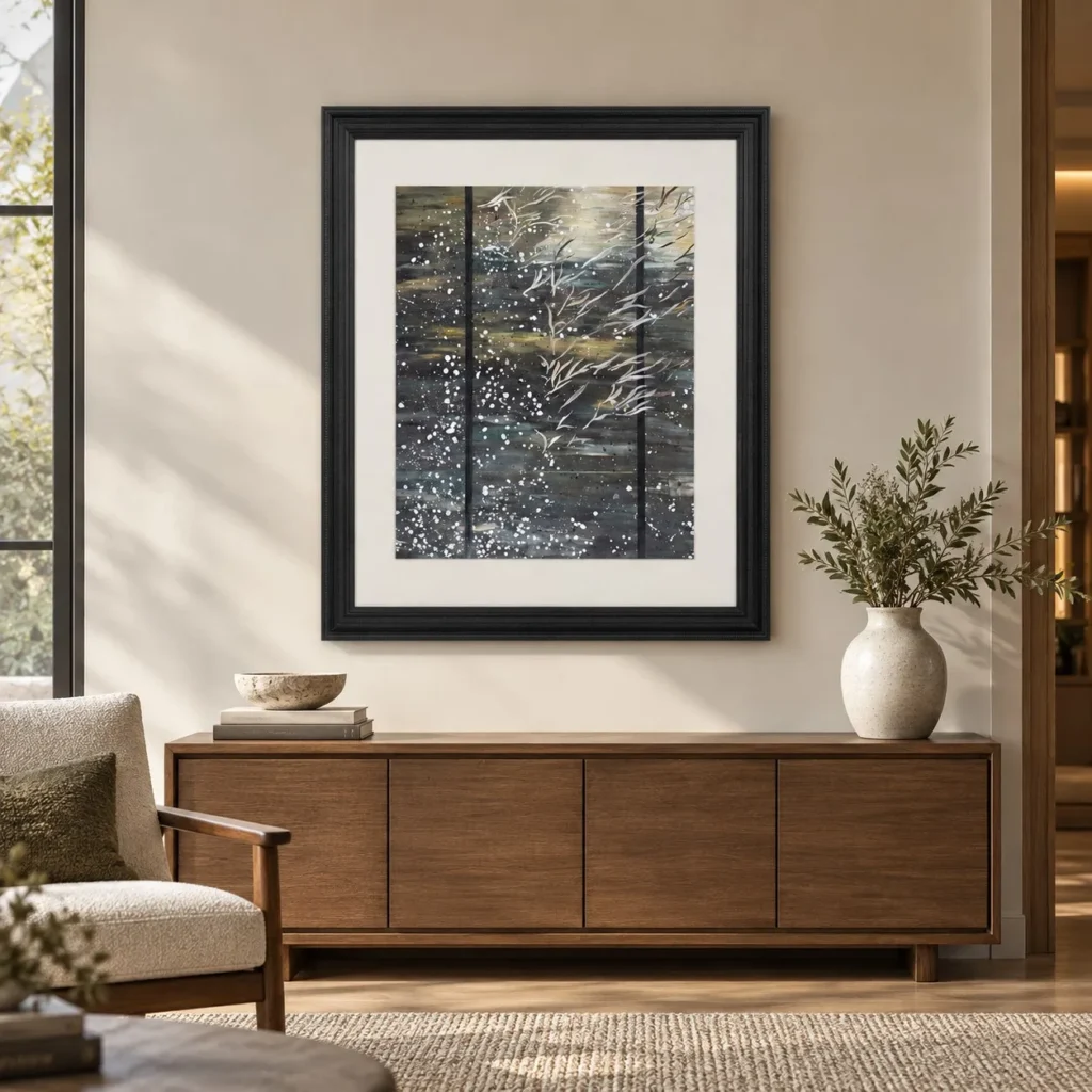 Dark Forest Sparkle Painting in Black Frame, 100 x 120 cm — front view