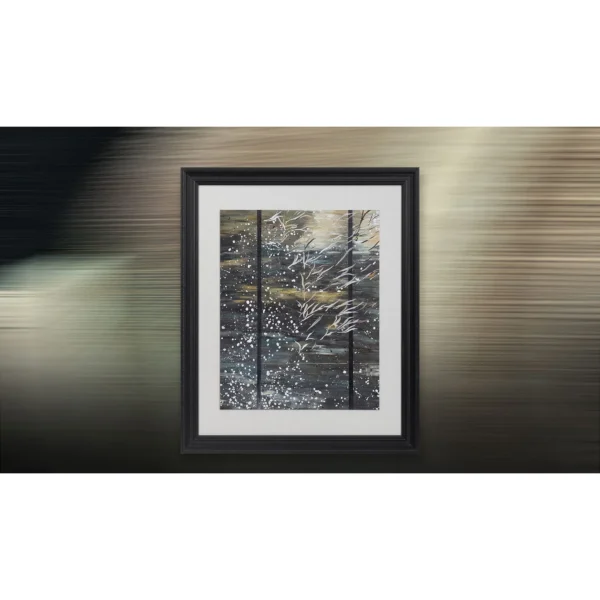 Dark Forest Sparkle Painting in Black Frame, 100 x 120 cm — in a room setting