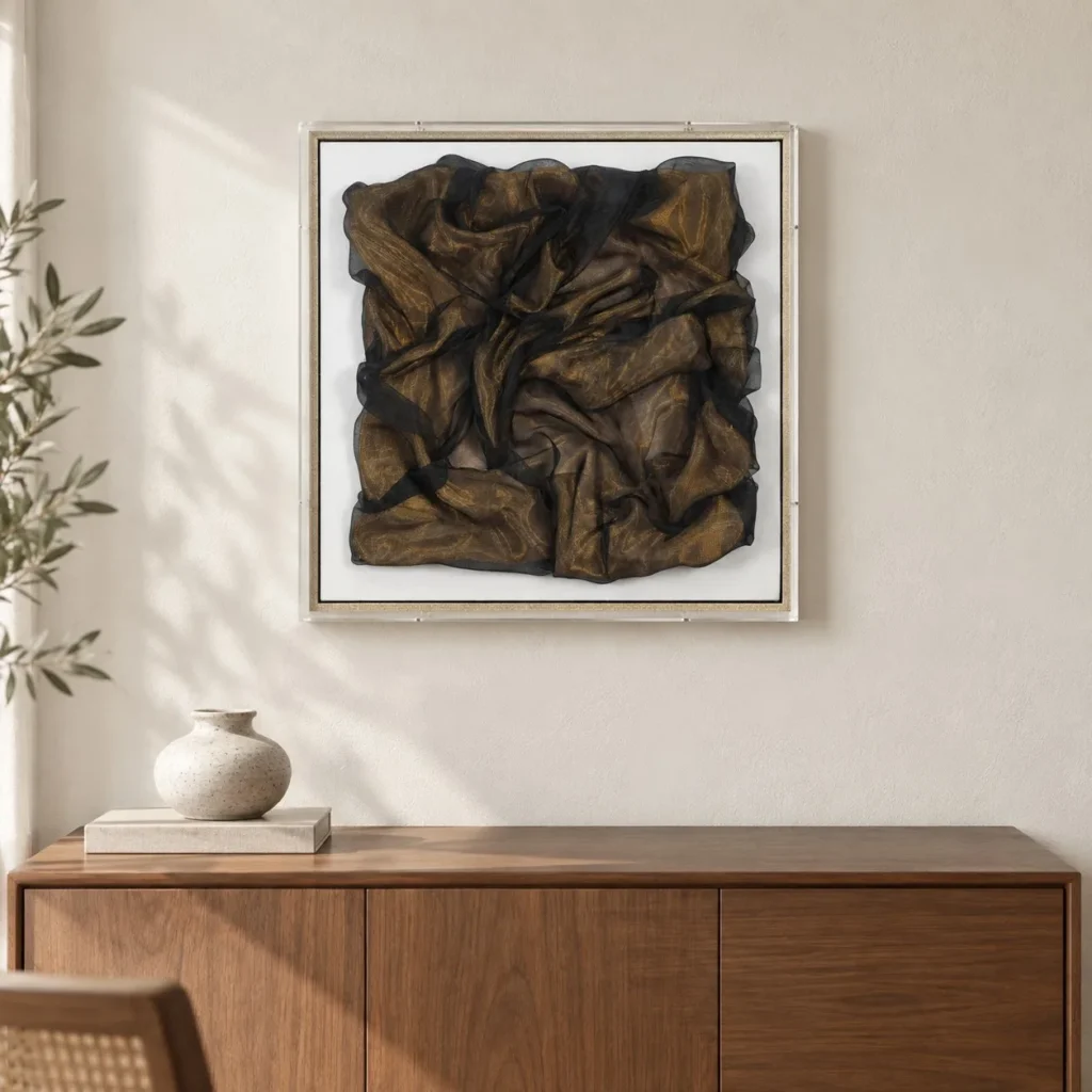 Crumpled Bronze Fabric Relief in White Frame, 50 x 50 cm — front view