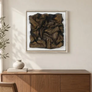 Crumpled Bronze Fabric Relief in White Frame, 50 x 50 cm — front view