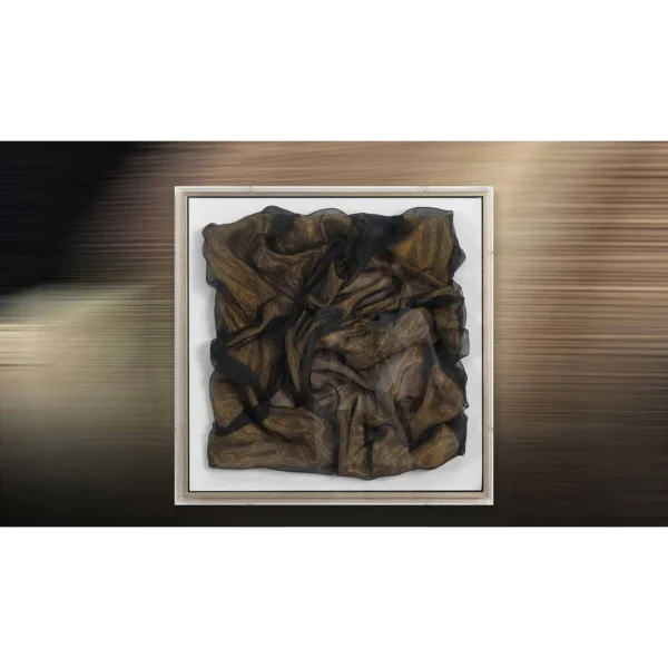 Crumpled Bronze Fabric Relief in White Frame, 50 x 50 cm — in a room setting