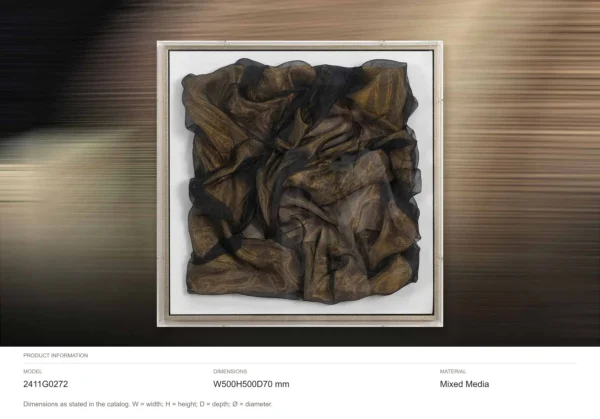 Crumpled Bronze Fabric Relief in White Frame, 50 x 50 cm — dimensions