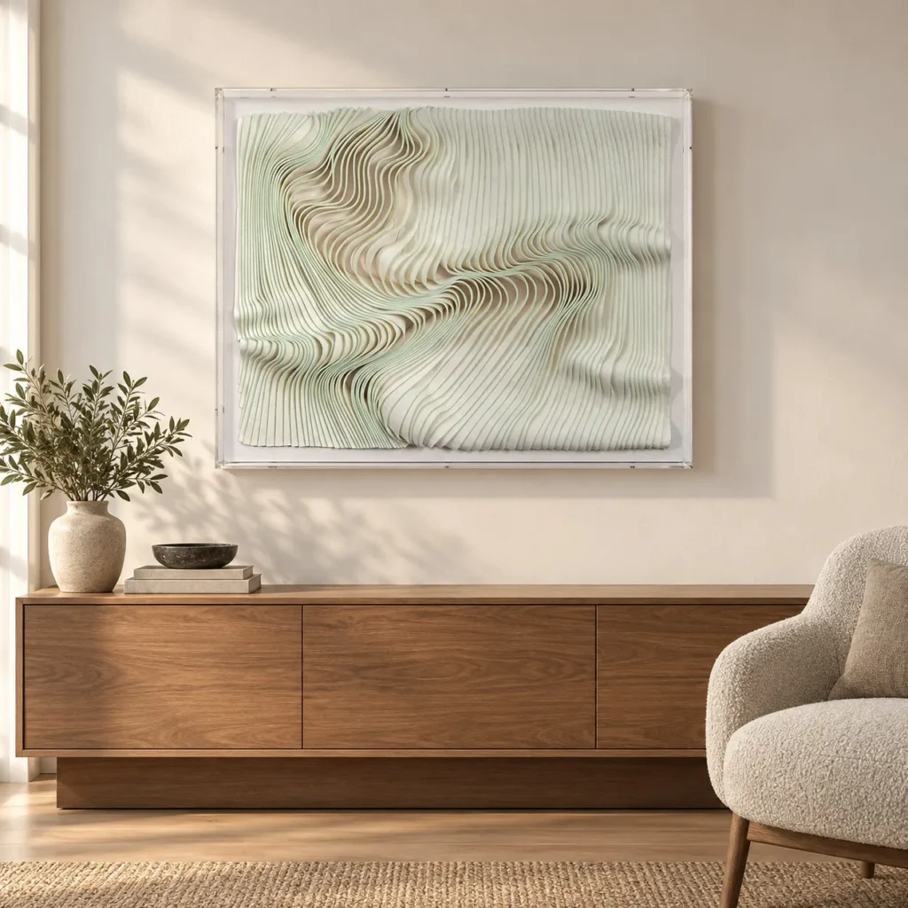 Sage Ribbed Wave Relief in White Frame, 70 x 90 cm — front view