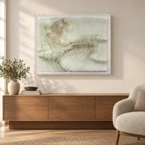 Sage Ribbed Wave Relief in White Frame, 70 x 90 cm — front view