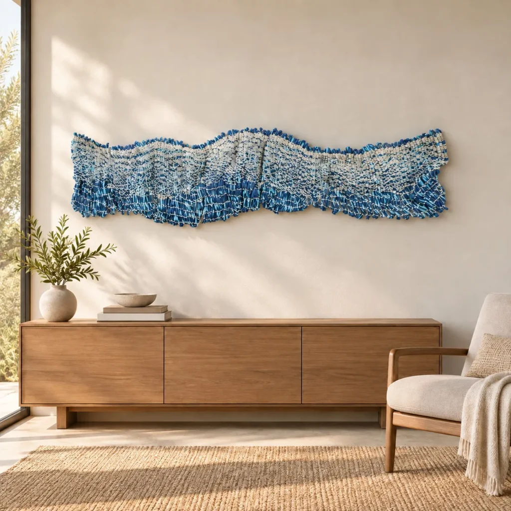 Panoramic Blue Bead Wave Relief, 130 x 30 cm in blue — front view