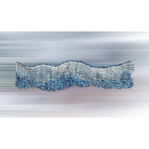 Panoramic Blue Bead Wave Relief, 130 x 30 cm in blue — in a room setting