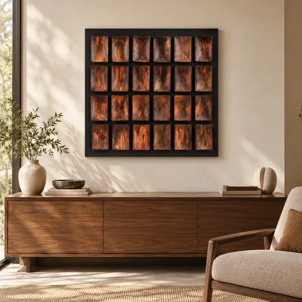 Amber Tile Grid Relief in Black Frame, 70 x 70 cm — front view