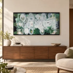 Wide White Flower Painting in olive — front view