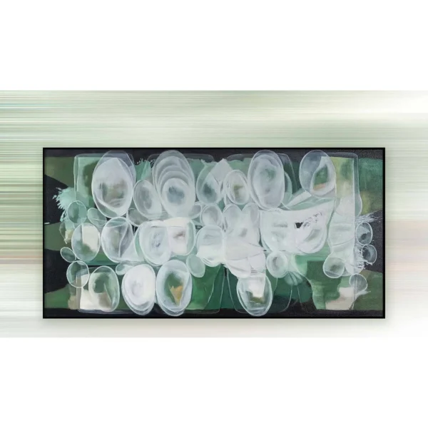Wide White Flower Painting in olive — in a room setting