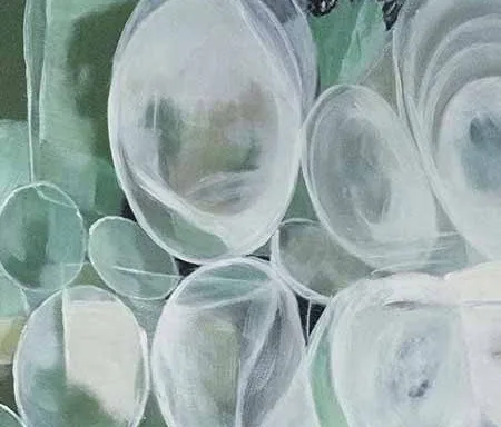 Wide White Flower Painting in olive — detail