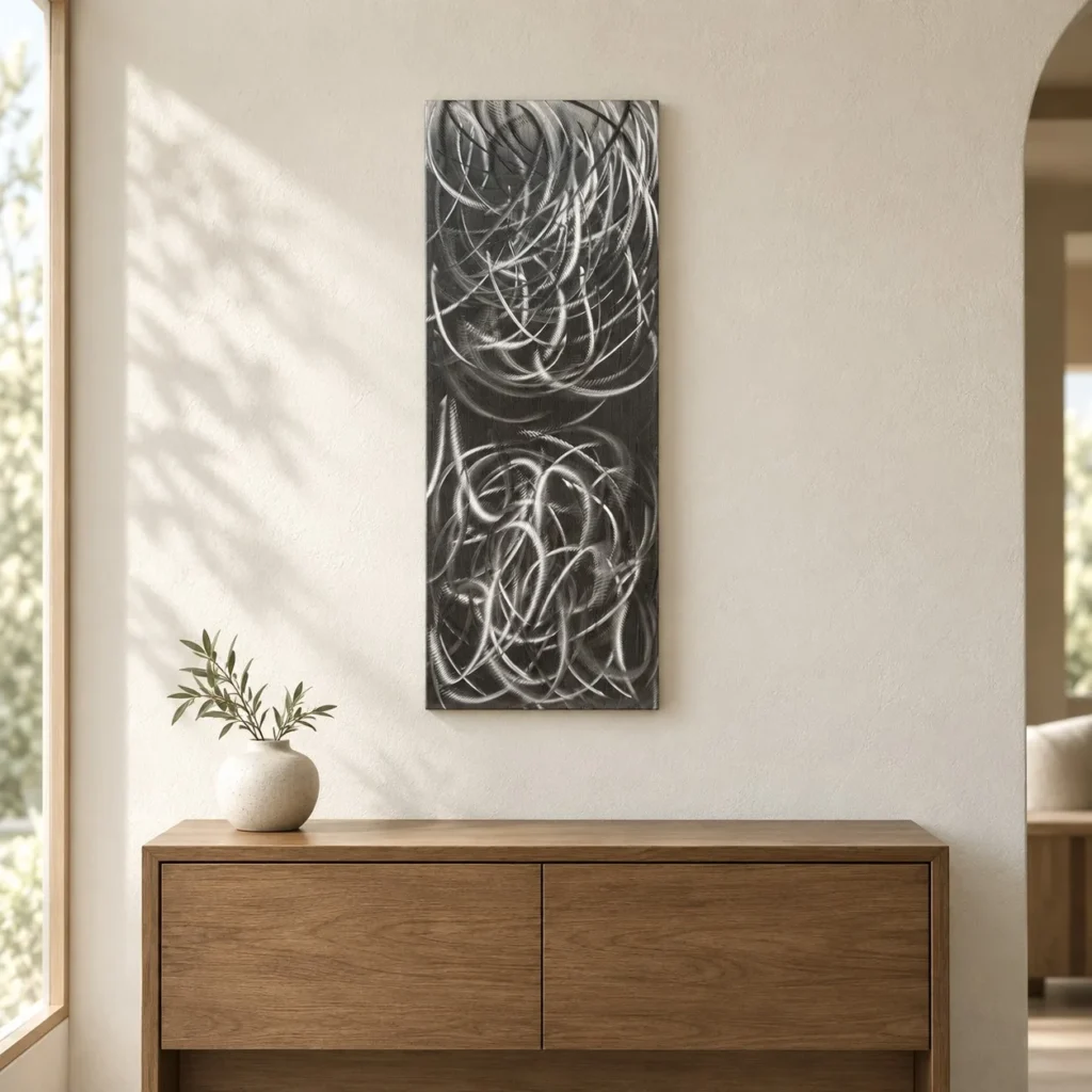 Tall Silver Scribble Panel on Black, 30 x 80 cm in black — front view