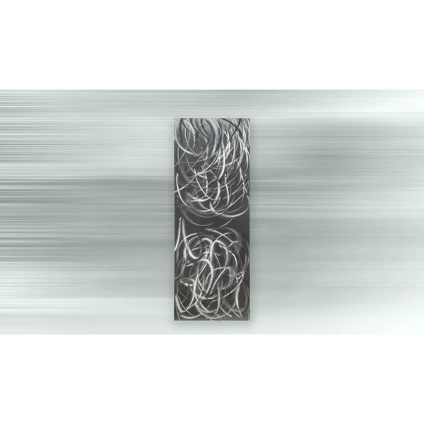 Tall Silver Scribble Panel on Black, 30 x 80 cm in black — in a room setting