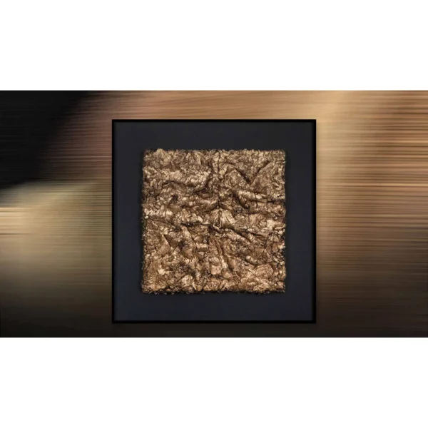 Crumpled Gold Relief in Black Frame, 50 x 50 cm — in a room setting
