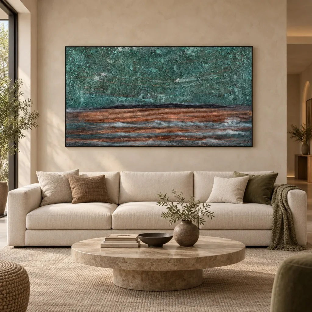 Wide Teal Sea and Rust Shore Textured Wall Art, 150 x 80 cm in blue — front view