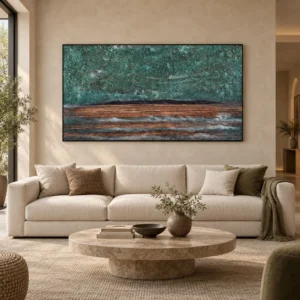 Wide Teal Sea and Rust Shore Textured Wall Art, 150 x 80 cm in blue — front view